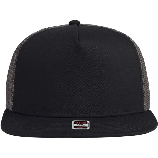 A black 5 panel mid-profile trucker cap with a mesh back and a small logo on the front.