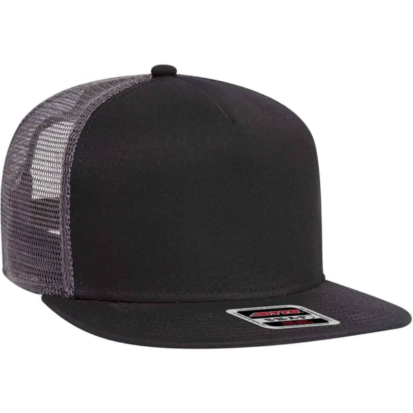 A black Otto Snap 5 Panel Trucker Cap with a mesh back and a flat brim, featuring a logo on the front.