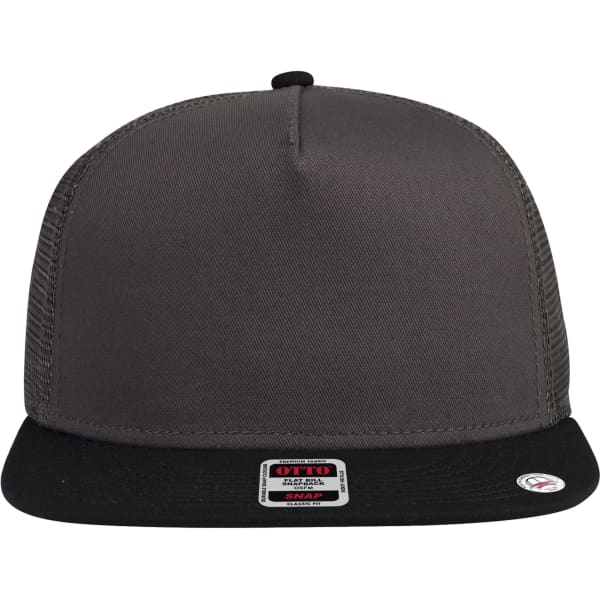 A grey and black 5 Panel Mid Profile Trucker Cap featuring a logo on the front and a classic snapback design.