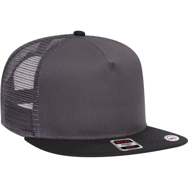 A grey and black Otto Snap 5 Panel Trucker Cap with a mesh back and a structured front.
