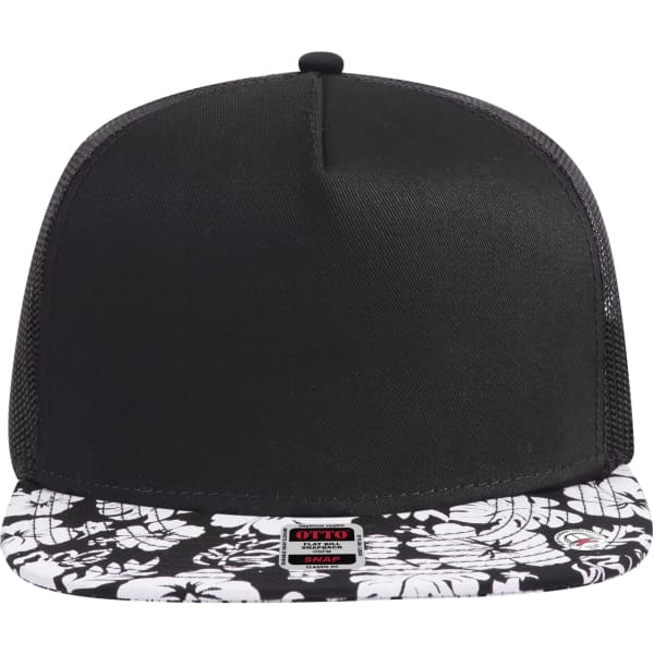 A black trucker cap with a floral patterned brim and mesh panels at the back, featuring a logo.