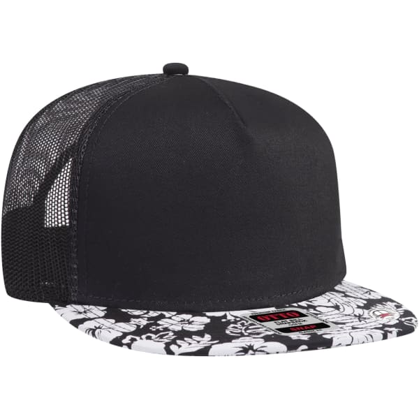 A black 5 panel mid profile trucker cap with a floral patterned brim and a mesh back.