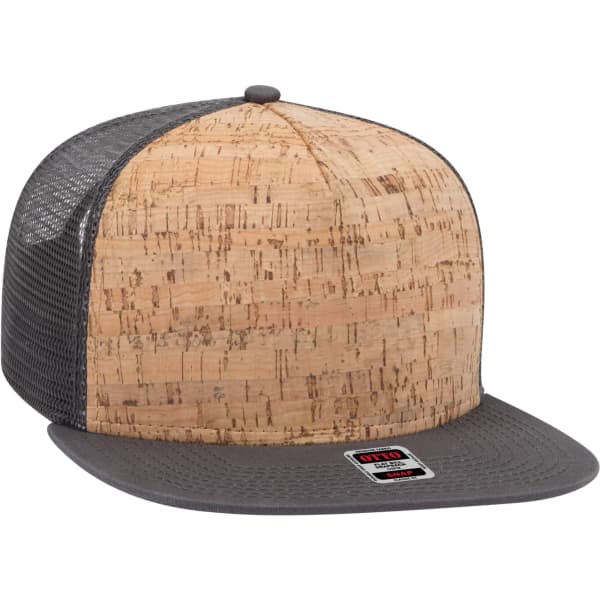 A trucker cap featuring a cork front, grey mesh back, and grey peak, showcasing a modern design with a logo.