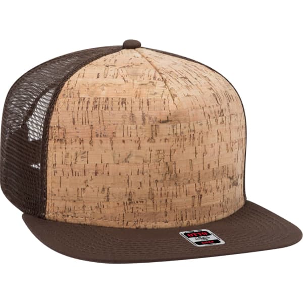 A cork-patterned trucker cap with a brown peak and mesh sides, featuring a logo on the front.