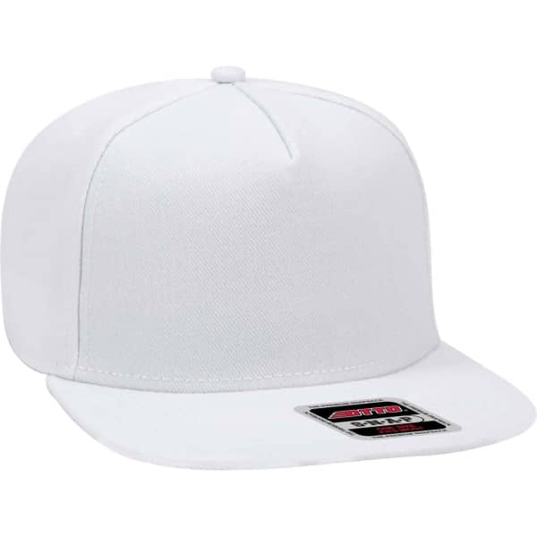 A white five-panel snapback hat with a flat brim and a branded tag on the side.