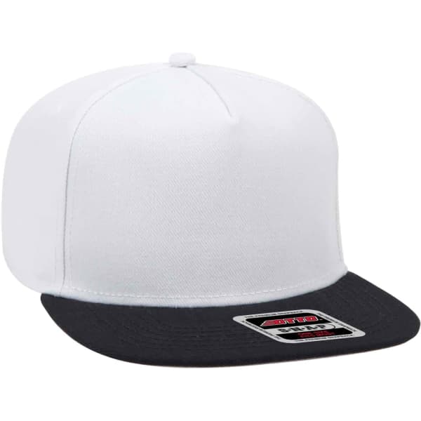 A white snapback hat with a black brim and a logo patch on the front.