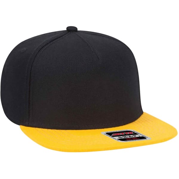 A five-panel snapback hat featuring a black body and a bright yellow peak, with branding on the front.