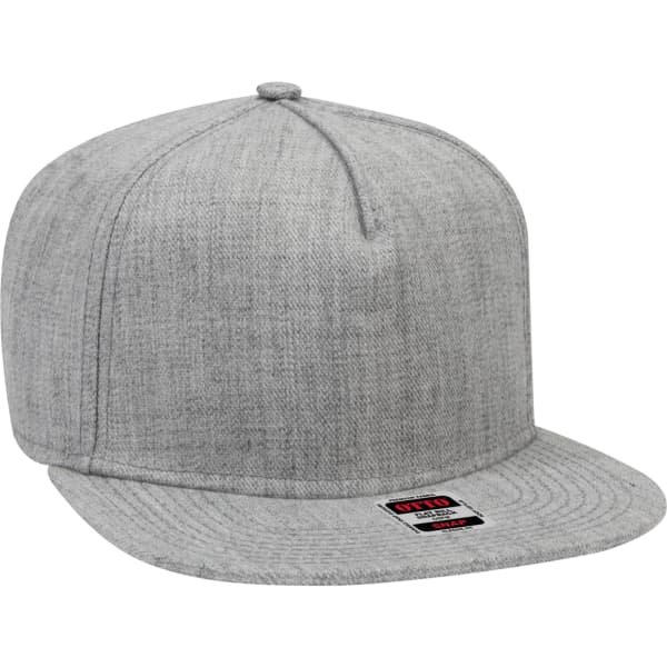 A grey snapback cap with a flat peak and a logo patch on the front.