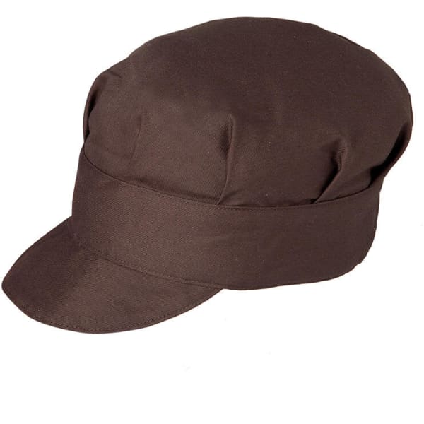 A brown cap with a flared crown and a flat brim; features a logo on the side.