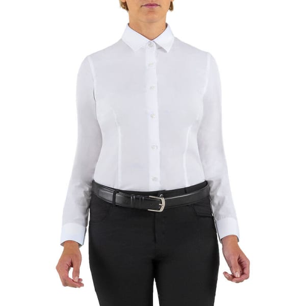 A white long sleeve shirt with a collar, featuring buttons and a black belt.