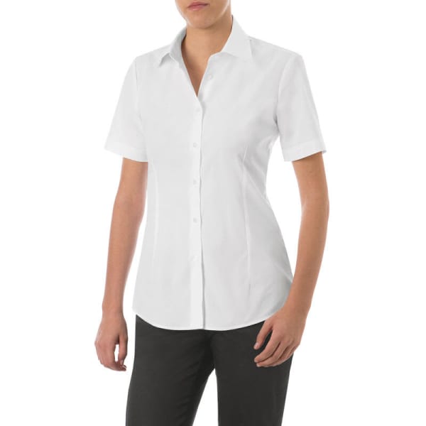 A white short sleeve shirt with a collared neckline, featuring a fitted design. The shirt includes a brand logo.