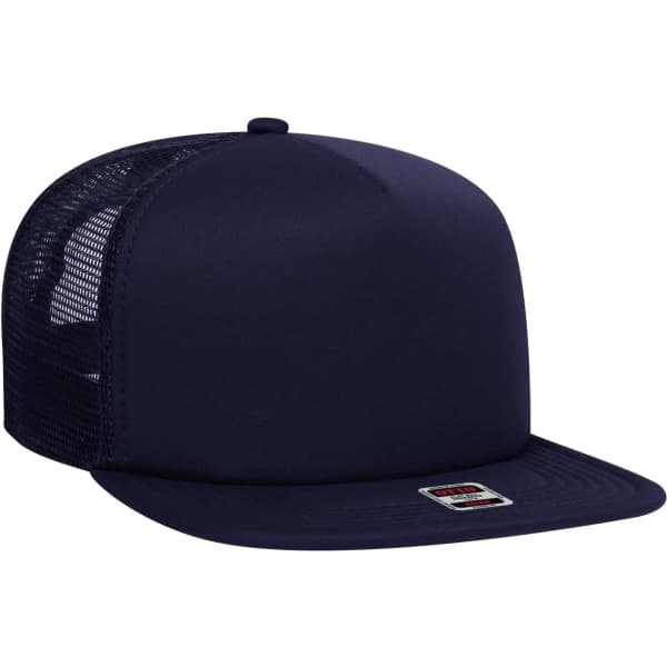 A navy blue trucker cap featuring a flat brim and a mesh back, with a logo on the front panel.
