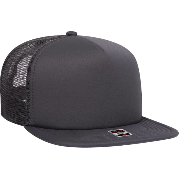 A grey trucker cap featuring a solid front and a mesh back, with a logo on the front.