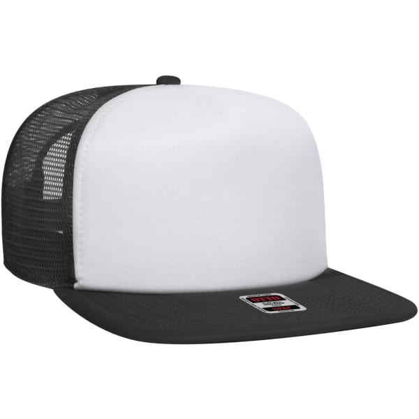 A black and white Otto Snap 5 Panel Trucker cap featuring a flat brim and a mesh back.