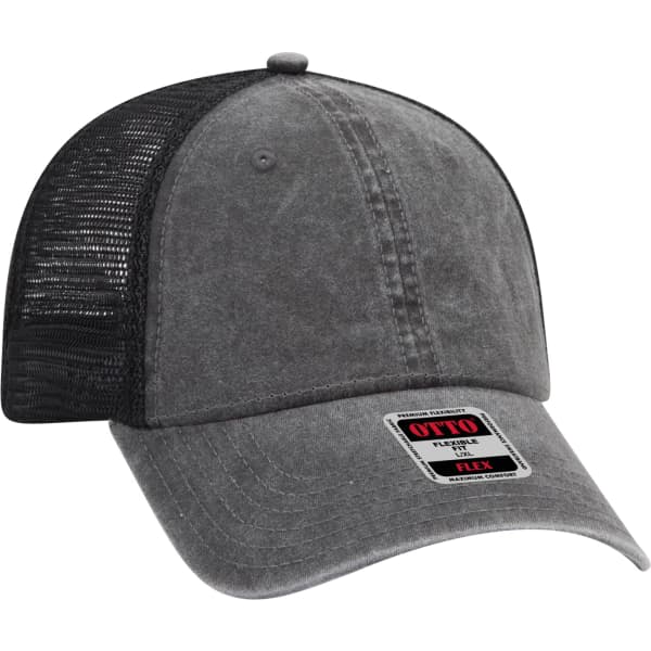 A grey Otto Flex 6 Panel Trucker Hat with a black mesh back and an adjustable fit. It features a logo on the front.