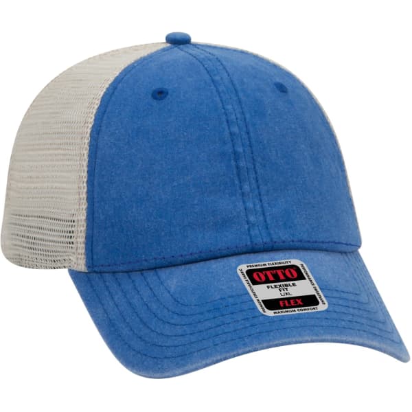 A blue trucker cap with a light-coloured mesh back and a branded label on the front panel.
