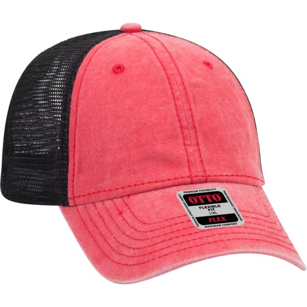 A coral pink trucker cap with a black mesh back and a branded label on the front.