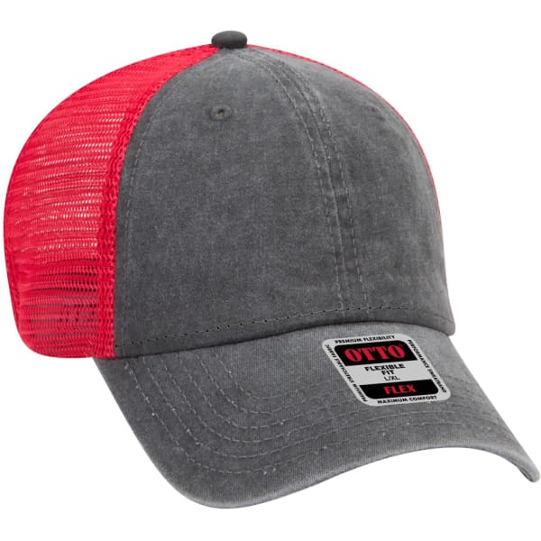 A grey and red Otto Flex 6 Panel Trucker Hat with a mesh back and a branded label.
