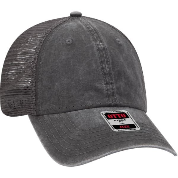 A grey Otto Flex 6 Panel Trucker Hat with a mesh back and a small logo is featured.