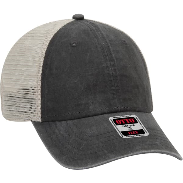A grey trucker cap with a light grey mesh back, featuring a logo on the front panel.