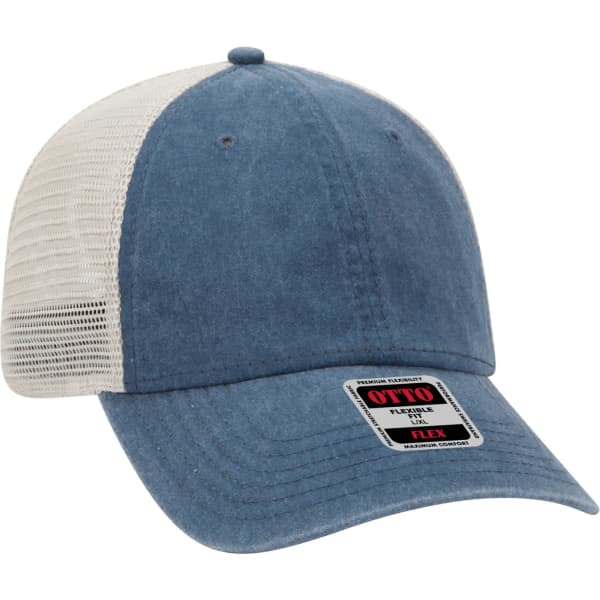 A blue and white Otto Flex 6 Panel Trucker Hat with a mesh back and a branding label on the front.