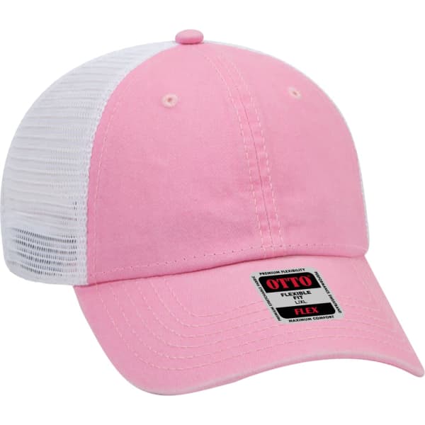 A pink trucker cap with a white mesh back and a branded patch on the front.