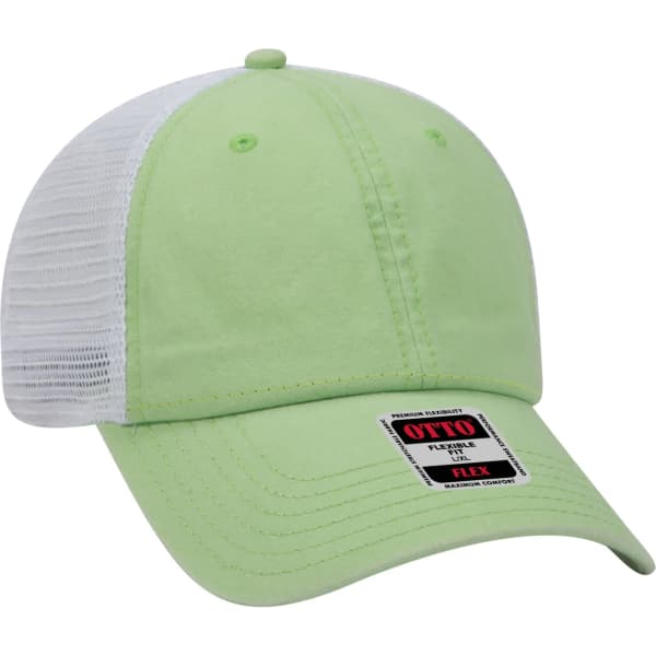 A green and white Otto Flex 6 Panel Trucker Hat featuring a mesh back and a branded tag.