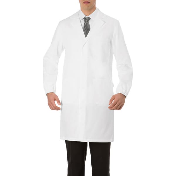 A white lab coat with long sleeves, featuring a collar and two front pockets, worn by a model.