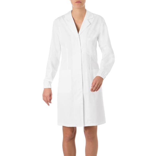 A white lab coat with long sleeves and two front pockets. It features a simple collar design.