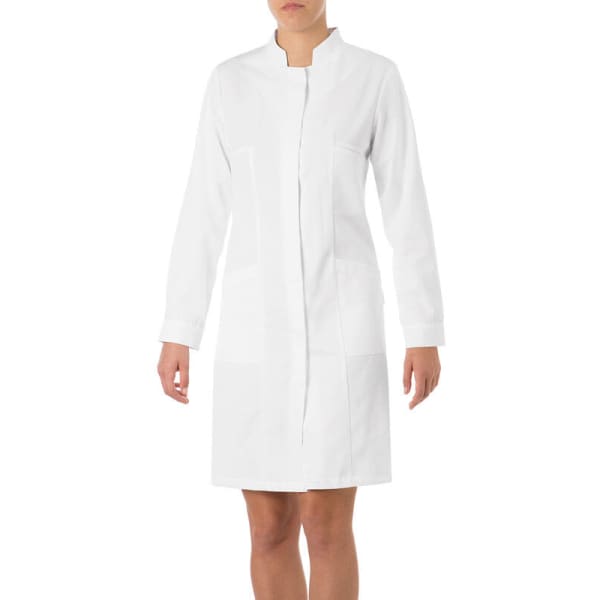 A white lab coat with long sleeves and a straight collar, featuring two front pockets and a logo.