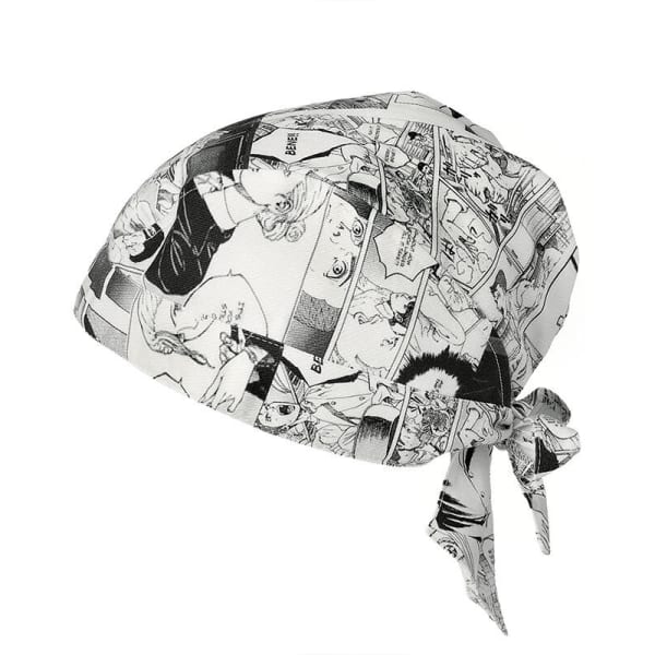 A bandana featuring a black and white comic print, tied at the back. It has a lightweight, fabric design.