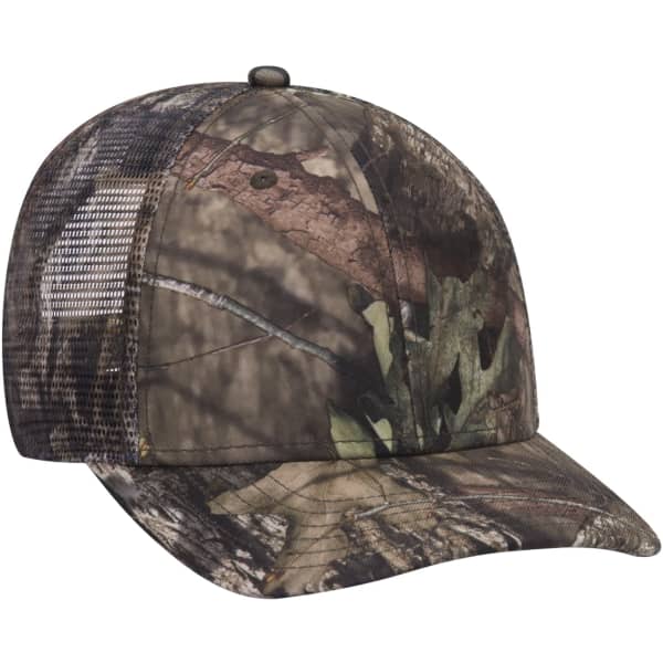 A camouflage baseball cap featuring a six-panel design and a mesh back, primarily in shades of brown and green.