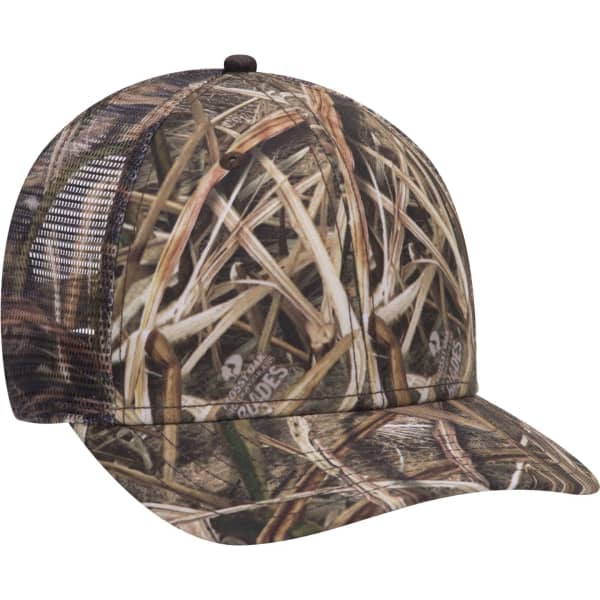 A camouflage baseball cap with a six-panel design and a mesh back, featuring a natural grass pattern.