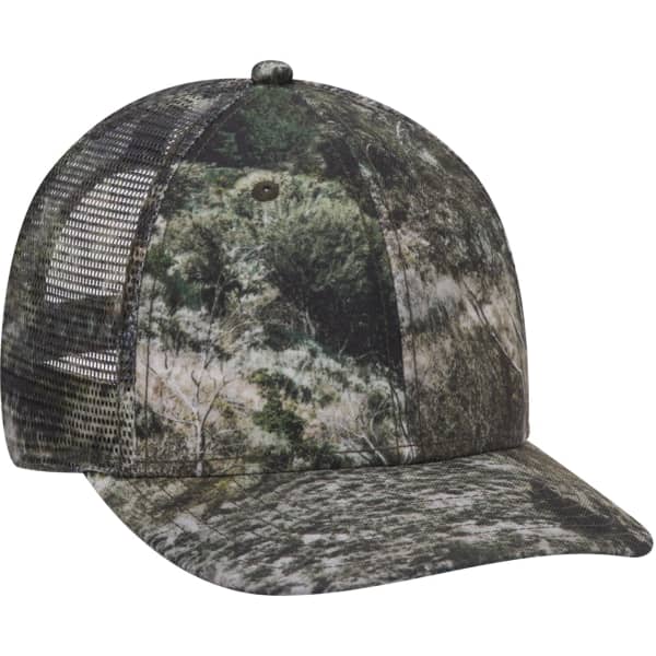 A camouflaged baseball cap featuring a six-panel design and mesh back, showcasing various shades of green and brown.