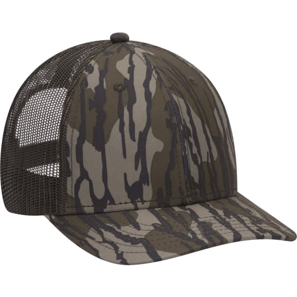 A camouflage cap featuring a six-panel design with a mesh back and a curved brim. It has a logo on the front.