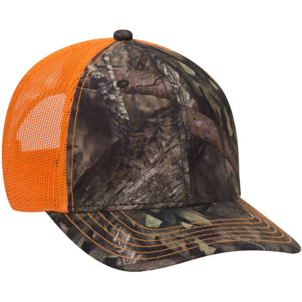 A camouflage cap featuring an orange mesh back and detailed foliage patterns. It has a branded logo on the front.
