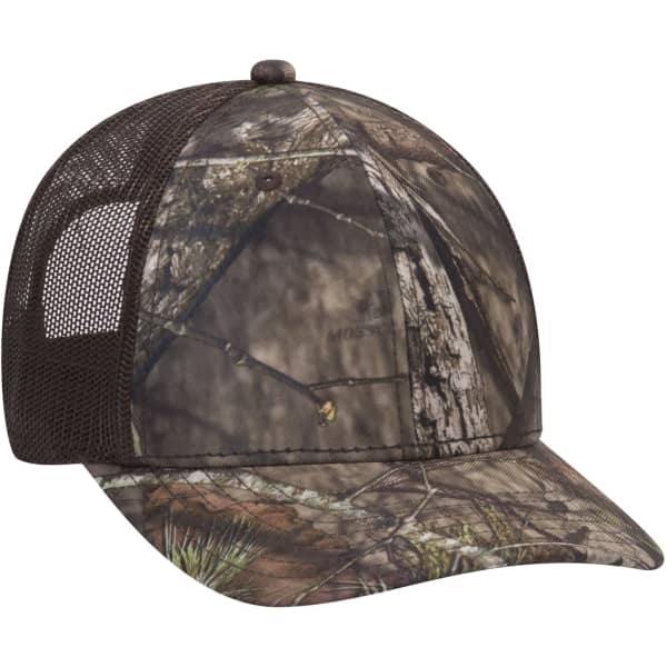 A cap with a camouflage pattern, featuring a brown mesh back and a curved peak. It includes a brand logo.