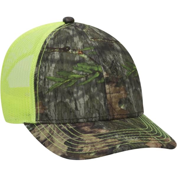 A camouflage baseball cap with a bright yellow mesh back and a curved brim. Features a logo on the front.