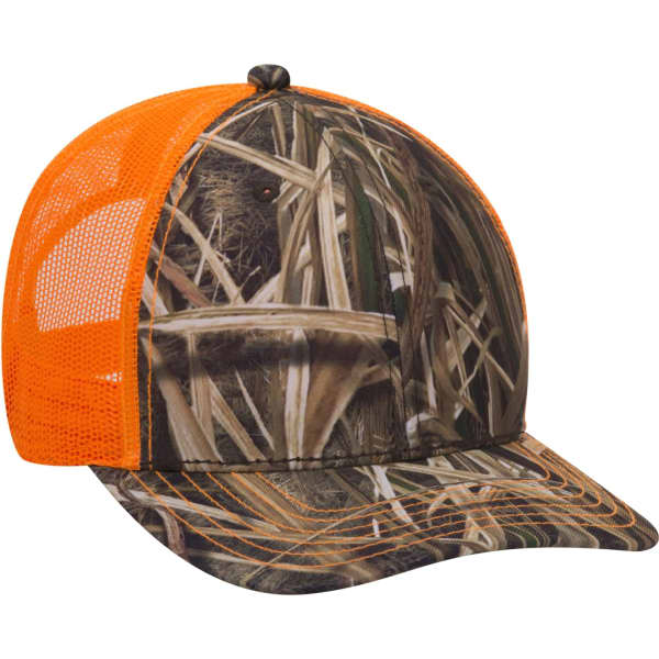A cap featuring a camouflage pattern with orange mesh panels, designed for outdoor activities.