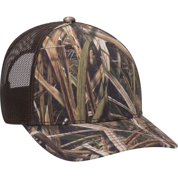 A camouflage baseball cap with a mesh back, featuring shades of brown and green in a grass pattern.