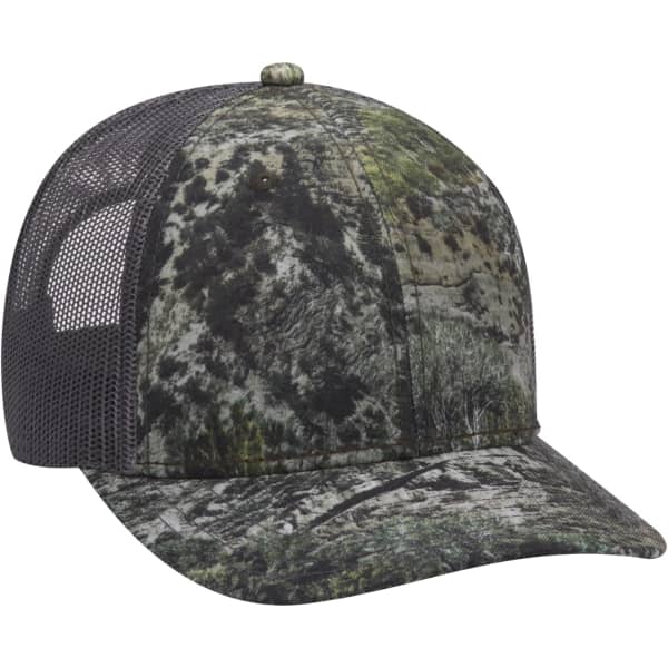 A camouflage cap with a mesh back, featuring a mossy oak pattern in shades of green and grey.