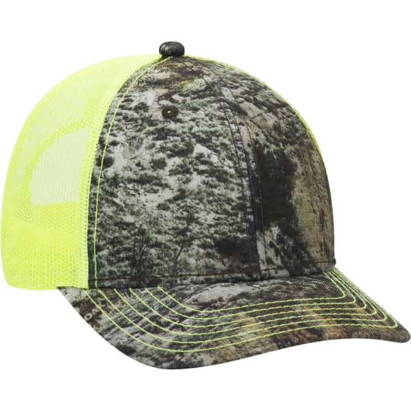 A cap featuring a camouflage pattern with bright yellow mesh panels at the back and a curved brim.