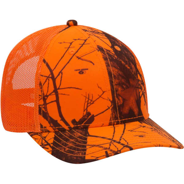 A cap featuring an orange and black camouflage design with a mesh back and a logo.