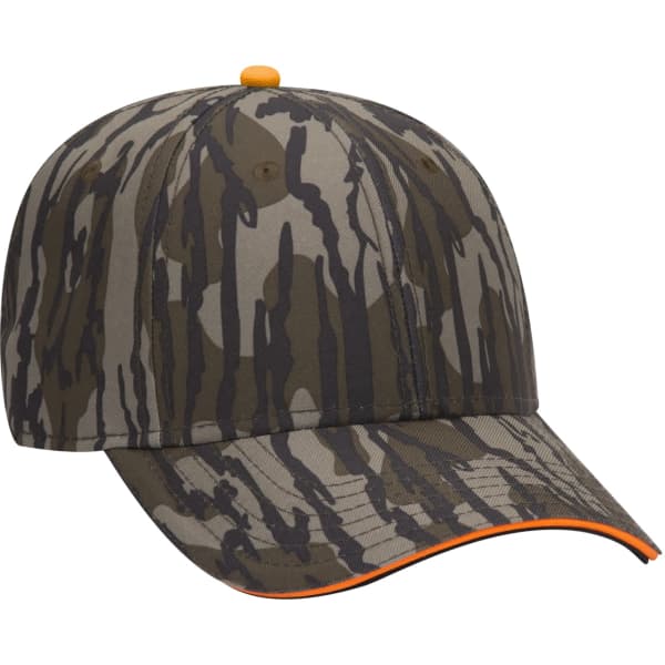 A camouflaged cap in shades of green and brown, featuring an orange accent and a logo on the front.