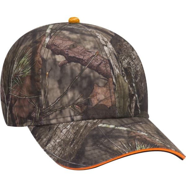 A camouflaged cap featuring a mix of browns and greens, with an orange accent around the brim and a logo.