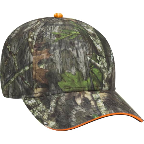 A camouflaged cap featuring a mix of greens and browns with an orange accent on the brim. It has a logo.
