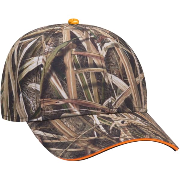 A camouflage cap featuring shades of brown and green, with an orange accent on the brim. It has a branded logo.