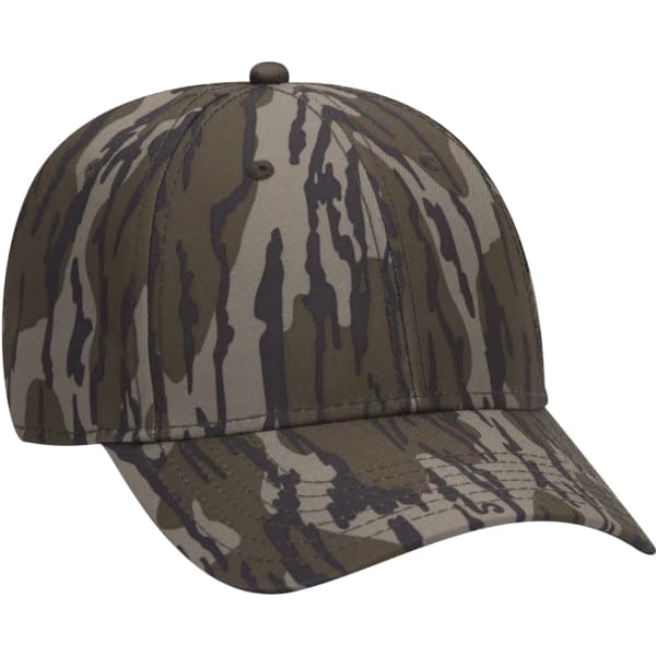 A camouflage baseball cap featuring shades of green and brown, with a rounded peak and a logo on the front.