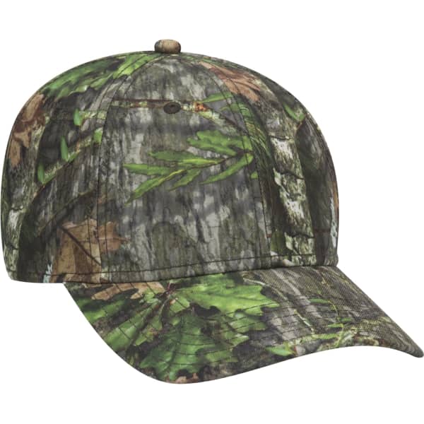A camouflage baseball cap featuring a blend of green and earthy tones, with a logo on the front.