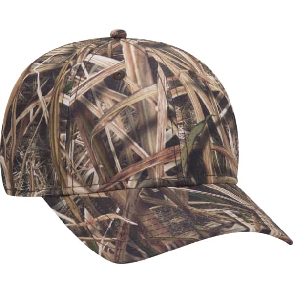 A camouflage-patterned baseball cap featuring a six-panel design and a logo on the front.